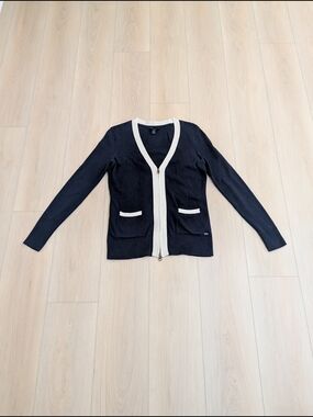 Navy V-Neck Zip Cardigan with Cream Trim